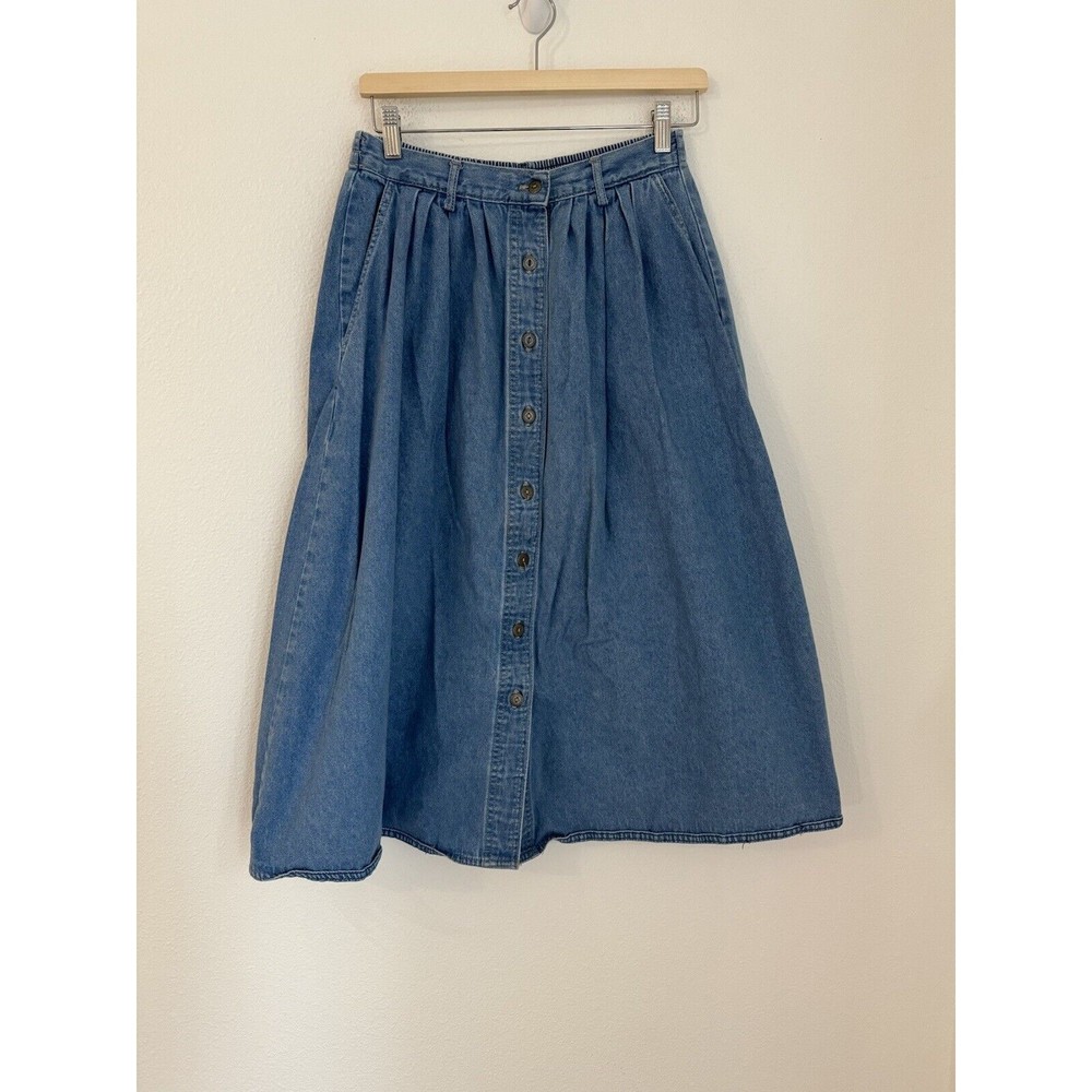 Vintage Jantzen Long Front Button Up Denim Skirt Size 8 Elastic Modest Pockets